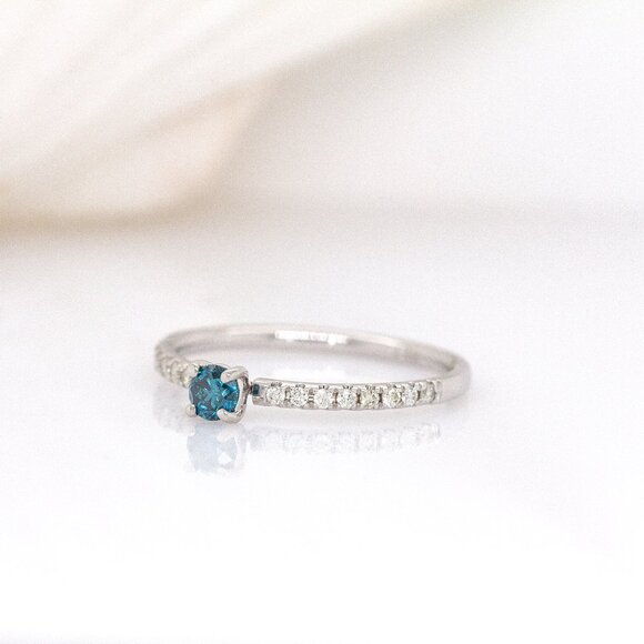 Natural Blue Diamond Ring in Solid 14K White Gold with Natural White Diamonds - Picture 7 of 10